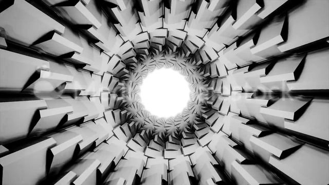 Abstract travel inside black and white tube with spinning geometric figures as its shell, seamless смотреть онлайн