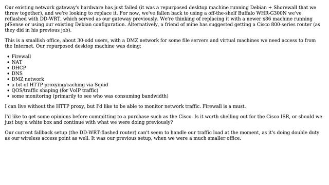 Network Gateway Options for Small Office: Cisco 800 series router vs. Linux/\*BSD (e.g. pfSense)... смотреть онлайн