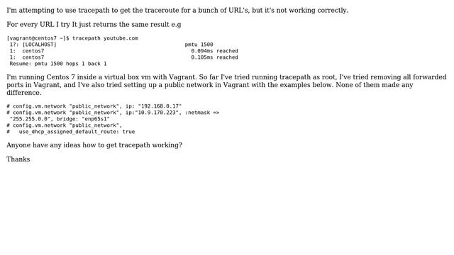 Tracepath not working in Centos 7 with Vagrant смотреть онлайн