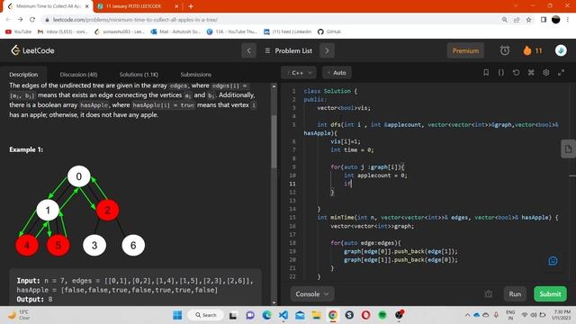 Minimum Time to Collect All Apples in a Tree - Day 5 Leetcode (1443)| DFS | 11 January POTD смотреть онлайн