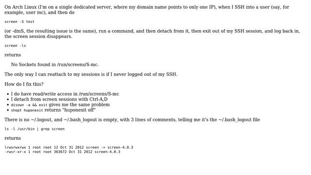 After logging out of SSH, screen sessions disappear on Arch Linux смотреть онлайн