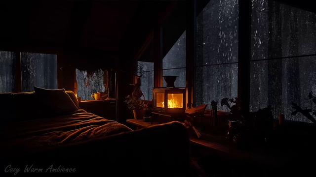 Cozy Rain Ambience - Rain Forest drop window in Cozy Cabin with cracking fireplace to fall asleep 💤 смотреть онлайн
