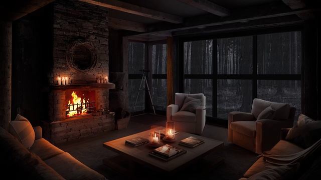 Cozy Cabin Ambience, Rain And Fireplace Sounds. Rain On Window & Crackling Fireplace Sounds, NO LOO