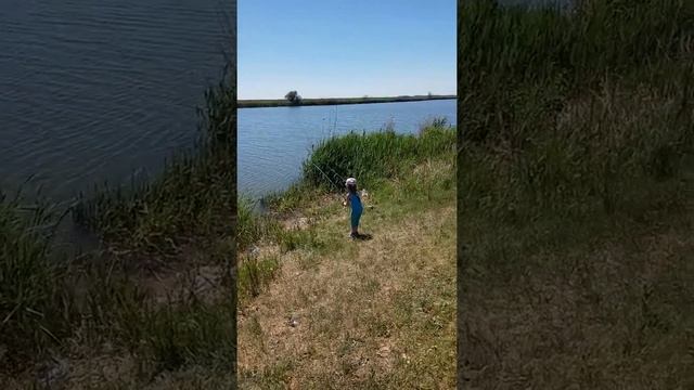 Малышка 5 ти лет сама тянет удочку сразу с 4 рыбками!!! Молодец моя манюня