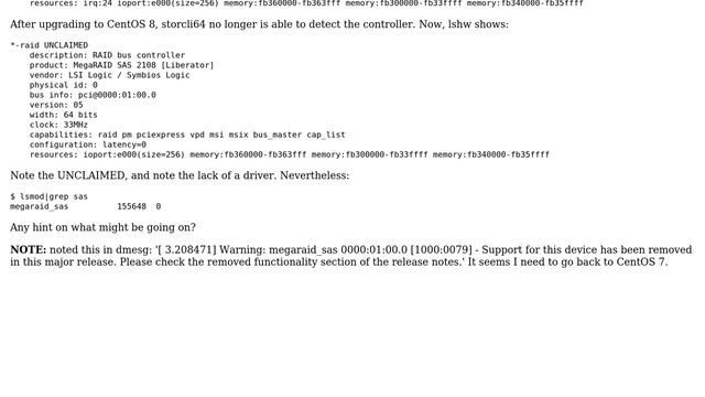 Raid controller not claimed after CentOS 8 upgrade смотреть онлайн