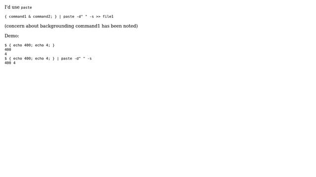 In bash, how to combine the output of two commands and append them on the SAME line of a file? смотреть онлайн