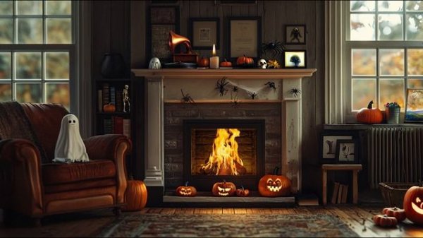 Fireplace Sounds in Haunted Forest Cottage Cozy Halloween Fireplace Ambience