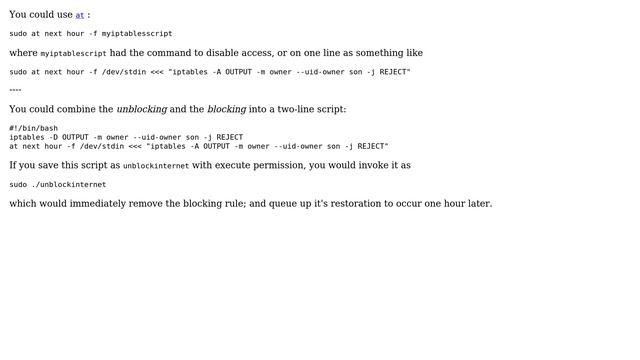 Unix & Linux: iptables rule to unblock internet acess, and block it again 3600 seconds later смотреть онлайн