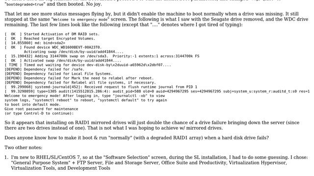 How can I coax RHEL / CentOS / SL 7 into booting normally with degraded software RAID 1? смотреть онлайн
