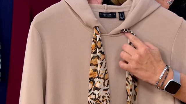 Susan Graver Weekend Brushed Back Knit Sweatshirt with Printed Tie on QVC смотреть онлайн