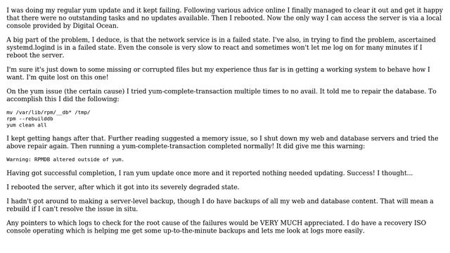 Failed yum update rendered CentOS 7 install almost useless where to look for root cause? смотреть онлайн
