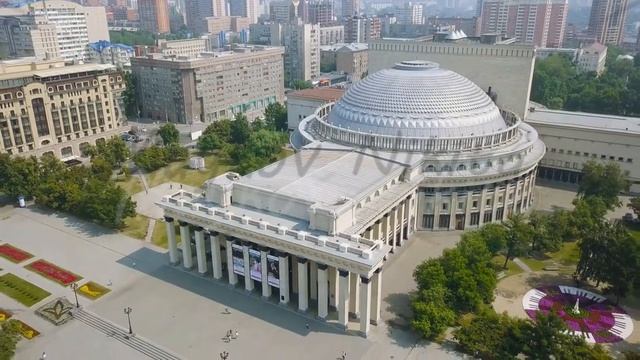 Novosibirsk State Academic Theater Of Opera And Ballet. Russia, Aerial View Hyperlapse