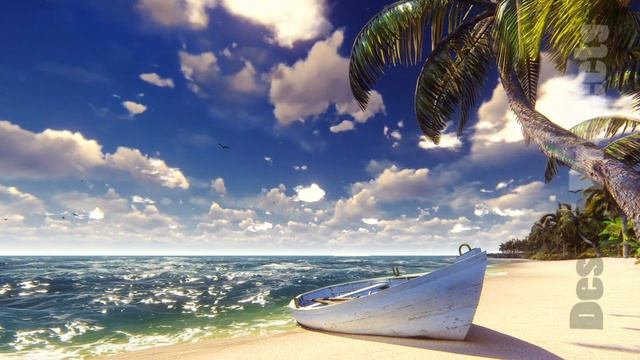 Palm trees on a tropical island with blue ocean, old boat and white beach on a Sunny day. Beautiful смотреть онлайн