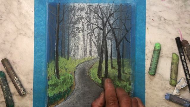 Foggy road with car drawing, Misty forest drawing with oil pastels смотреть онлайн
