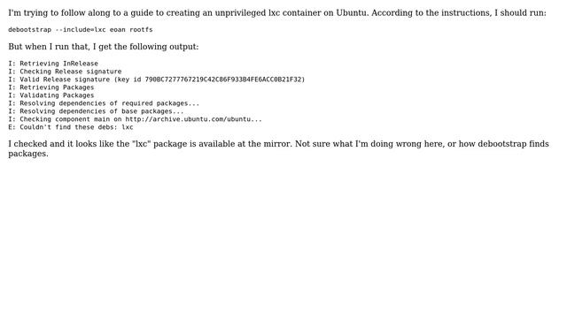 Unix & Linux: debootstrap Couldn't find these debs: lxc смотреть онлайн
