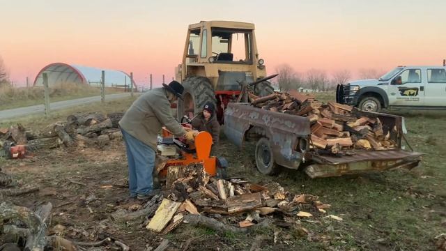 Processing fire wood with a Brave Pro 37 ton wood splitter on the farm. смотреть онлайн