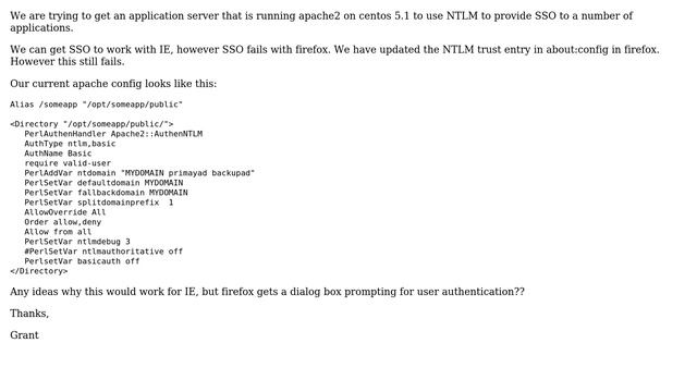 DevOps & SysAdmins: firefox fails to pass ntlm to apache2 running authenntlm on Centos 5.1 смотреть онлайн