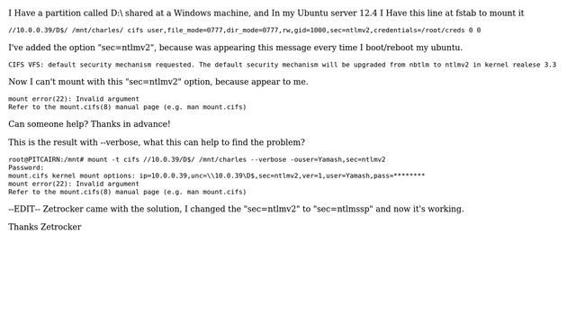 Ubuntu: Problem with mount using option "sec=ntlmv2" смотреть онлайн