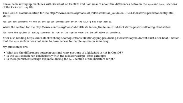 Unix & Linux: Differences between %pre and %post in Kickstart on CentOS? смотреть онлайн