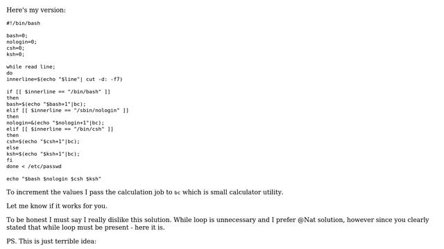 While loop Bash script that outputs how many users use a certain shell (4 Solutions!!) смотреть онлайн