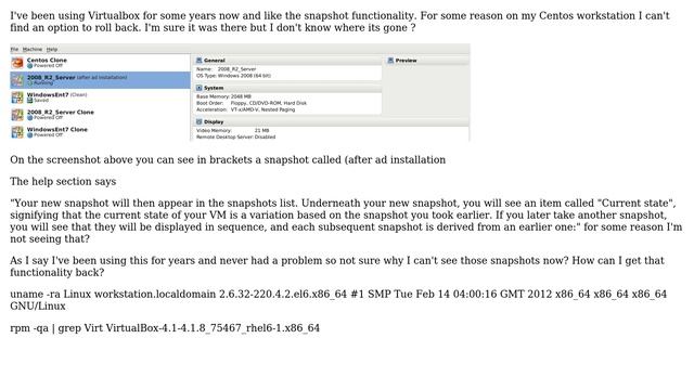 VirtualBox: Centos 6 - I can't find an option to roll back my snapshots anymore? смотреть онлайн