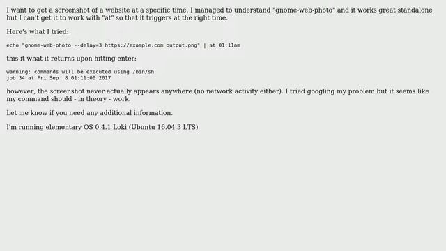 Ubuntu: Help with using "gnome-web-photo" with "at" to get screenshot of website at specific time смотреть онлайн