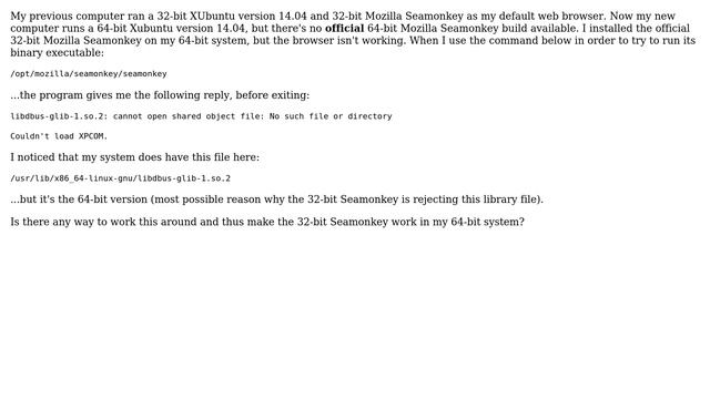 Is there a way to make 32-bit Mozilla Seamonkey work in a 64-bit XUbuntu 14.04? смотреть онлайн