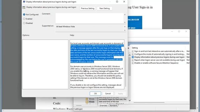 Display Information about Previous Logons during User Sign-in in Windows 11 смотреть онлайн