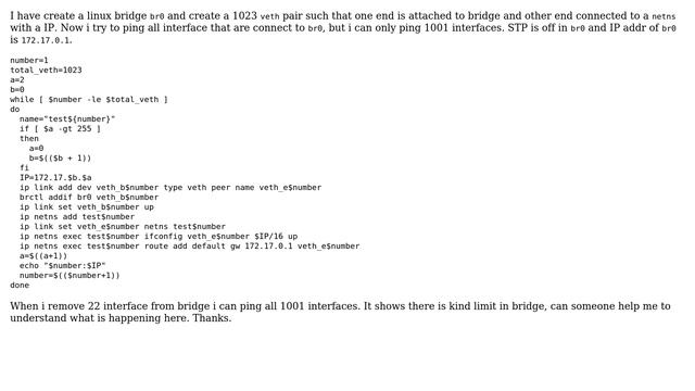 Why i can only ping 1001 interface out of 1023 that are connected to a linux bridge? смотреть онлайн