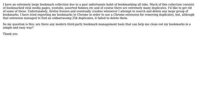 Firefox: External 3rd party tool for cleaning unmanageable bookmark-collection? смотреть онлайн