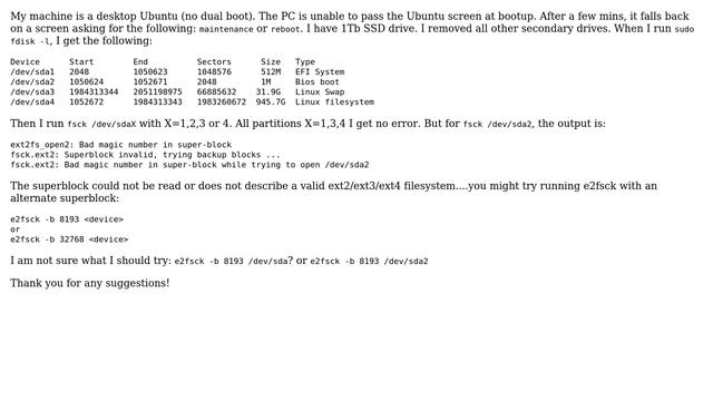Ubuntu: BIOS boot partition : how to fix "Superblock invalid"? смотреть онлайн