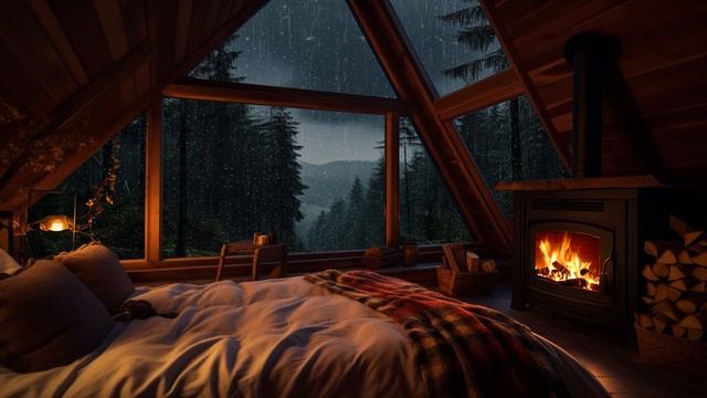 Cozy Bedroom Ambience - Fireplace Sounds 🔥 Heavy Rain & Thunderstorms for Deep Sleep, Relaxation смотреть онлайн