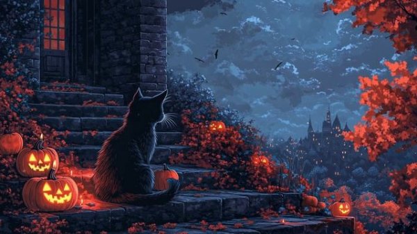 Unwind on Halloween Night with Our Black Cat - Perfect for Lofi Cat Lovers
