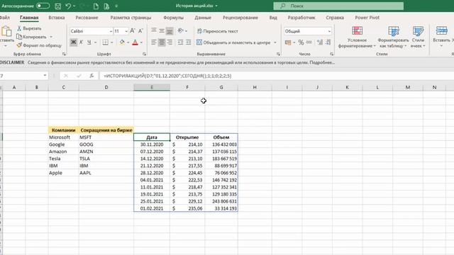 История акций в Excel. Функция ИСТОРИЯАКЦИЙ/STOCKHISTORY смотреть онлайн