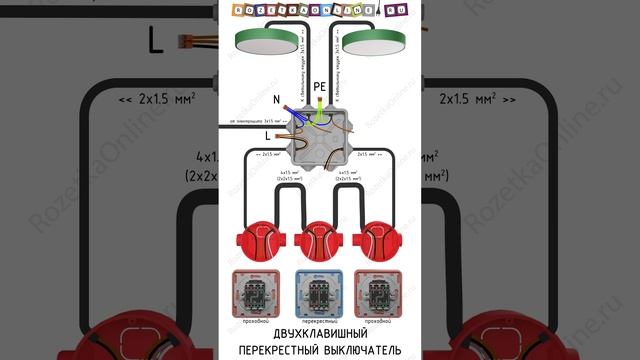 Двухклавишный перекрестный выключатель. Проводка и схема подключения. 💡 #переключатель #электрика смотреть онлайн