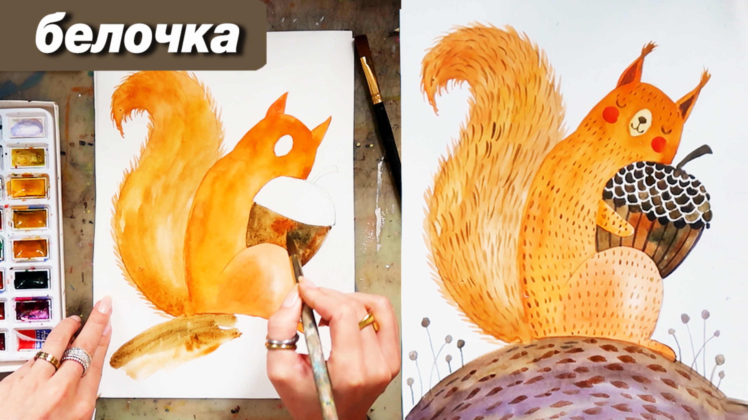 Как нарисовать белочку акварелью, пошаговый урок, рисуем осень смотреть онлайн