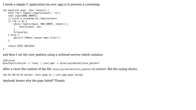 Unix & Linux: How to pipe Coredump to a custom application? смотреть онлайн