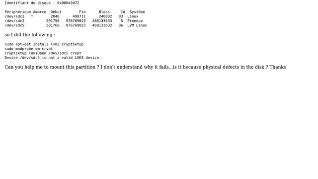 Ubuntu: Mount LVM encrypted partition on external HDD - Device /dev/sdc5 is not a valid LUKS device смотреть онлайн