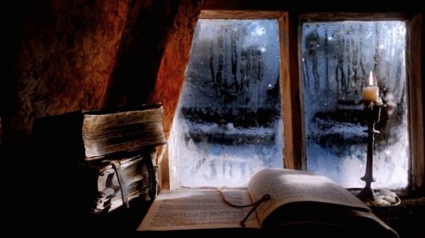 Snowing screensaver with view through the window and romantic piano