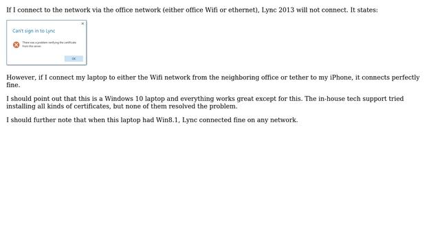 Why won't Lync 2013 connect when I am on an office network, but if I tether it to my iPhone, it... смотреть онлайн