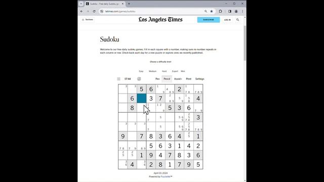 LA Times Expert Sudoku - Apr 3, 2024 Solution смотреть онлайн