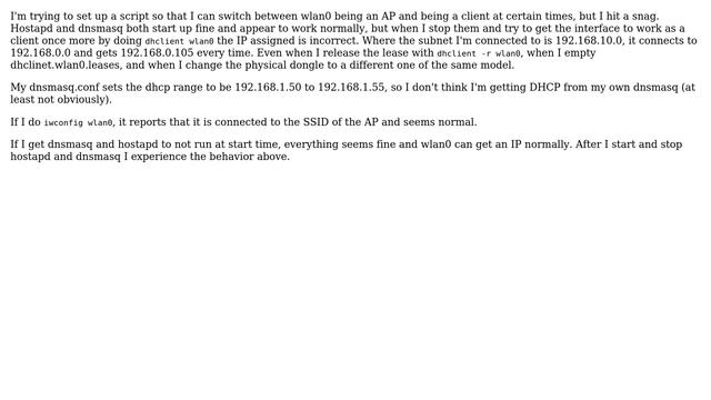 Unix & Linux: dhclient giving weird address when hostapd and dnsmasq are installed but not running смотреть онлайн