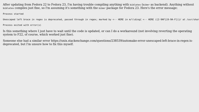 Unix & Linux: Fedora 23: "Unescaped left brace is deprecated" error in LaTeX смотреть онлайн