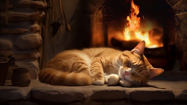 Relaxing With Purring Cat, Crackling Fireplace 🔥 Deep Sleep In Cozy Ambience, Stress Relief
