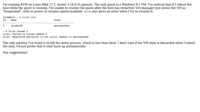 Unable to resume KVM guest after rebooting host смотреть онлайн