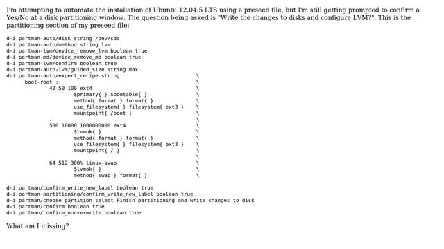 Ubuntu: Ubuntu 12.04 preseed LVM partitioning смотреть онлайн