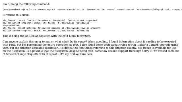 Why do I get xfs_freeze "Operation not supported" error with ec2-consistent-snapshot? Debian... смотреть онлайн