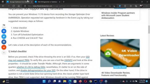 Storage Optimizer Error 0x8900002A, Operation requested not supported by hardware
