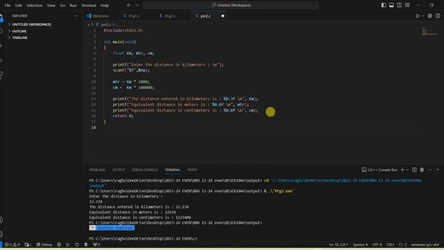 #BESCK204E C Program to convert Kilometers into Meters and Centimeters. Visual Studio code too смотреть онлайн