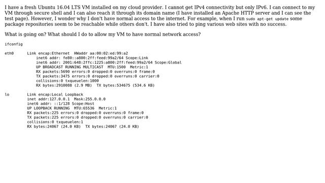 Ubuntu: Ubuntu VM with no IPv4 connection, only IPv6 смотреть онлайн